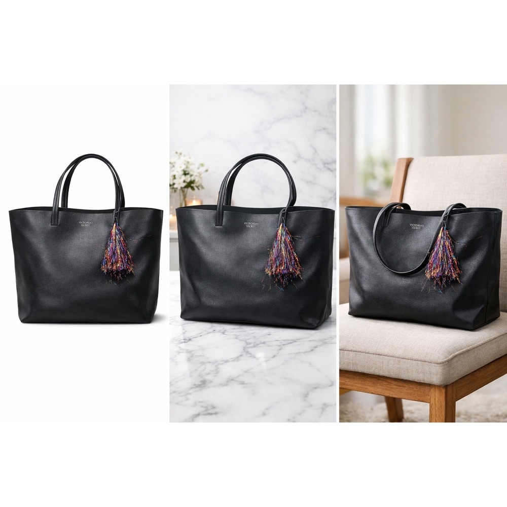 Victoria's Secret Black Faux Leather Tote Bag with Tassel‎ Accent